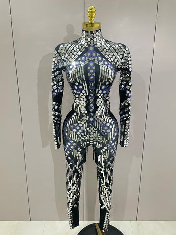 Sexy Shiny Silver Sequins Mirror Black Spandex Jumpsuit  Women Prom Dancer Singer Costume Evening Birthday Show Stage Outfit