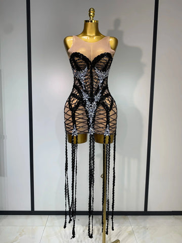 Luxury Birthday Sparkle Sequins Diamonds Long Tassel Sleeveless Mini Dress Women Red Carpet Goddess Stage Performance Costume