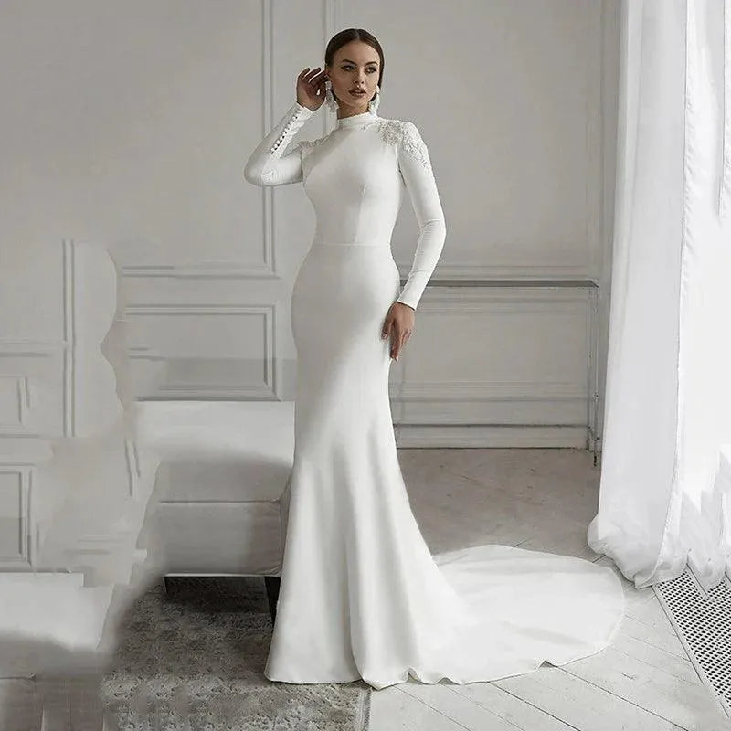 Simple Lace Mermaid Wedding Dresses Long Sleeve High Neck Muslim Bride Dress Satin Wedding Gowns Vestido De Noiva Ivory Mermaid