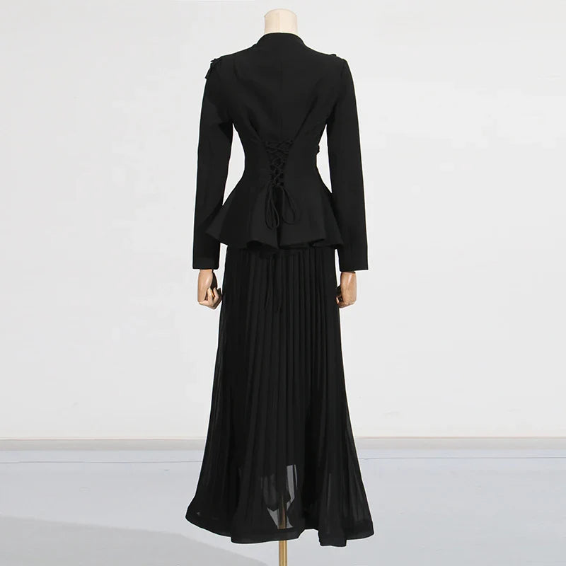 Solid Two Piece Sets for Women V Neck Ling Sleeves Spliced Applique Top High Waist Patchwork Folds Skirt Set Female