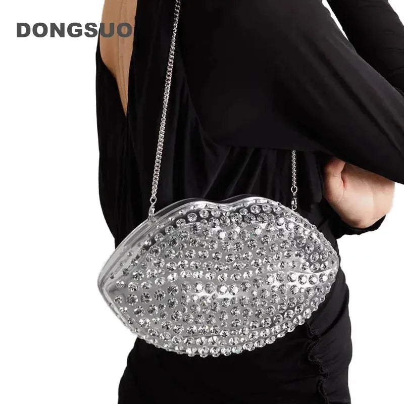 lip shape clutch bag Rhinestones clear Acrylic luxury wedding evening party kiss purse women spring new rose silver handbag