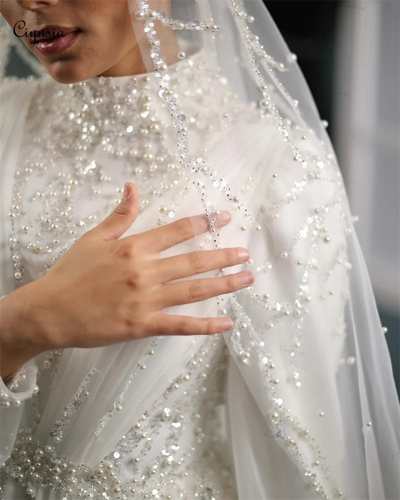 Vestidos de novia musulmanes de lujo con hiyab para mujer, vestido de novia de manga larga con cuentas y perlas en forma de A