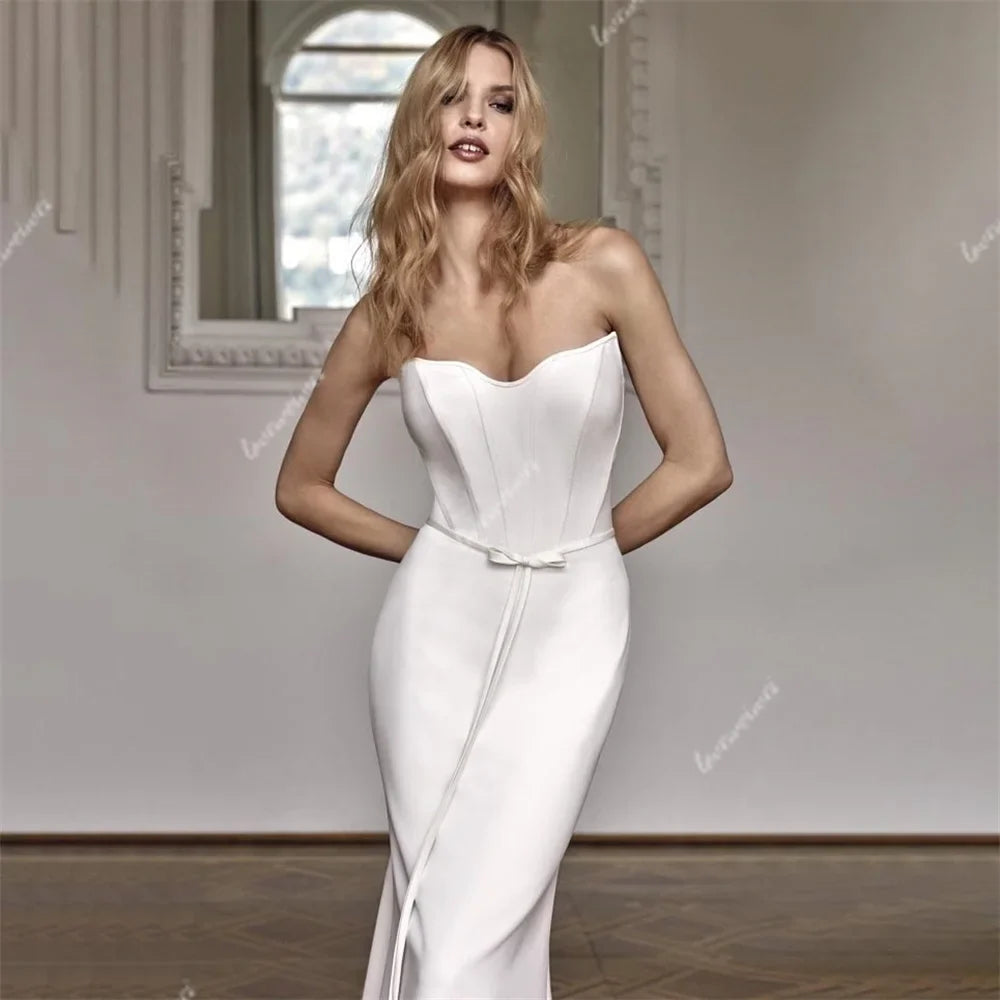 Vestidos de novia blancos de sirena con escote en V y cola desmontable, vestido de novia sin mangas, elegante vestido de novia de satén