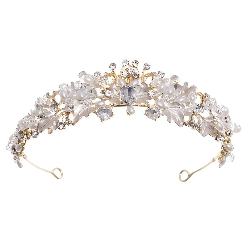 Silver Color Pearl Crystal Crown Headband Flower Rhinestone Gold Tiara Diadem Party Women Bride Wedding Hair Accessories Jewelry