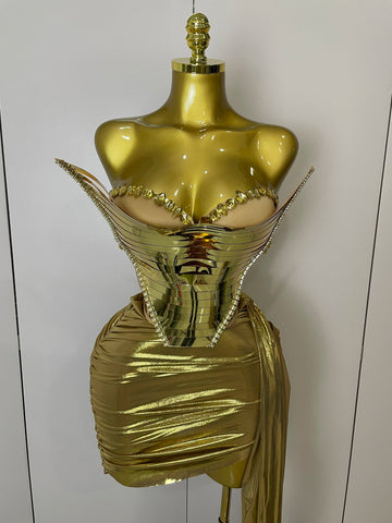 Sparkly Gold Sequin Sexy Top Two Pieces Set 2025 Women Celebrate Party Birthday NightClub Performance Dancer Show Stage Outfit