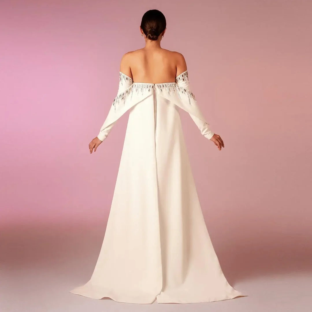 Elegant Off White Mermaid Dubai Evening Dress with Cape Long Sleeves Off Shoulder Arabic Wedding Party Gowns