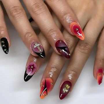 24pcs Metal 3D Rose Press on Nails Full Cover Wearable Almond False Nails Spice Girls Y2k Gothic Punk Style Fake Nail Tips