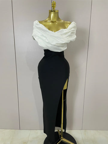 Sexy Off-Shoulder Side Slit Solid Color Pleat Skirt Strapless Bandage  Women Evening Luxury Birthday Formal Party Dress