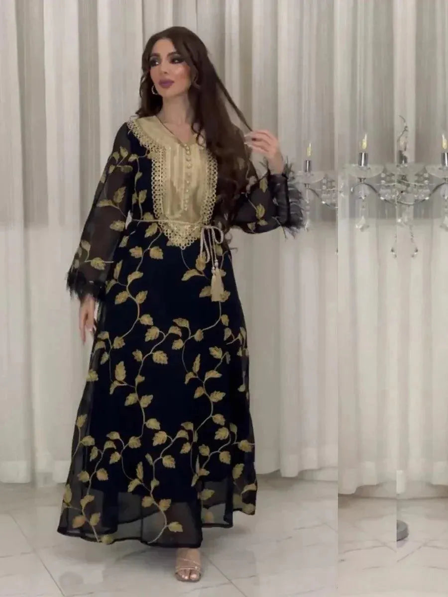 Fashion Women's Galabiyat Chic Appliques Feathers Patchwork Full Sleeve V-Neck Sashes Elegant Muslim Dresses For Female Blue Dress