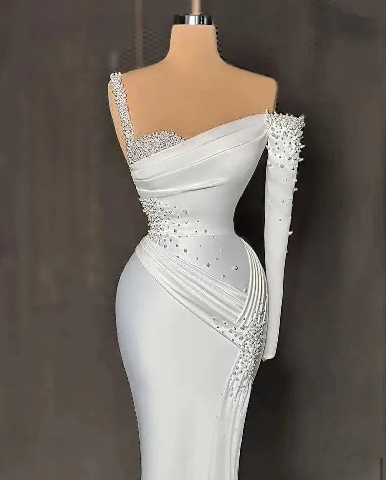 White One Shoulder Mermaid Prom Dress Puff Long Sleeves Sweep Train Sequins Beads Formal Evening Gowns Custom wedding dress