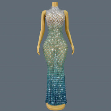 Trendy Gradient Sparkling Crystal  Sheer Mesh Long Dress Sexy High-end Skinny Evening Dress Birthday Night Party Outfit Qingshe