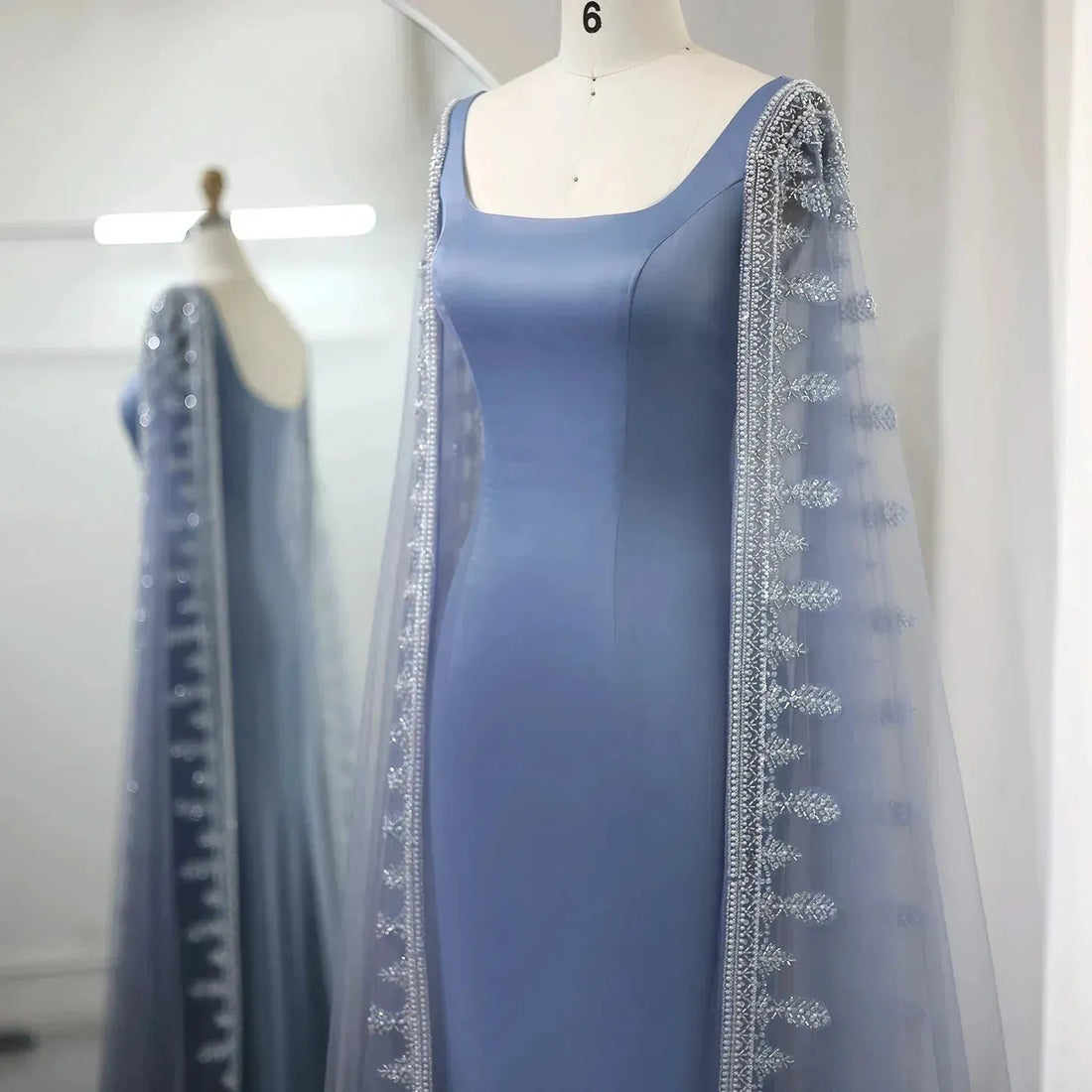 Luxury Blue Mermaid Dubai Evening Dresses with Cape Sleeves Sage Green Elegant Arabic Women Wedding Party Gowns Evening Dress