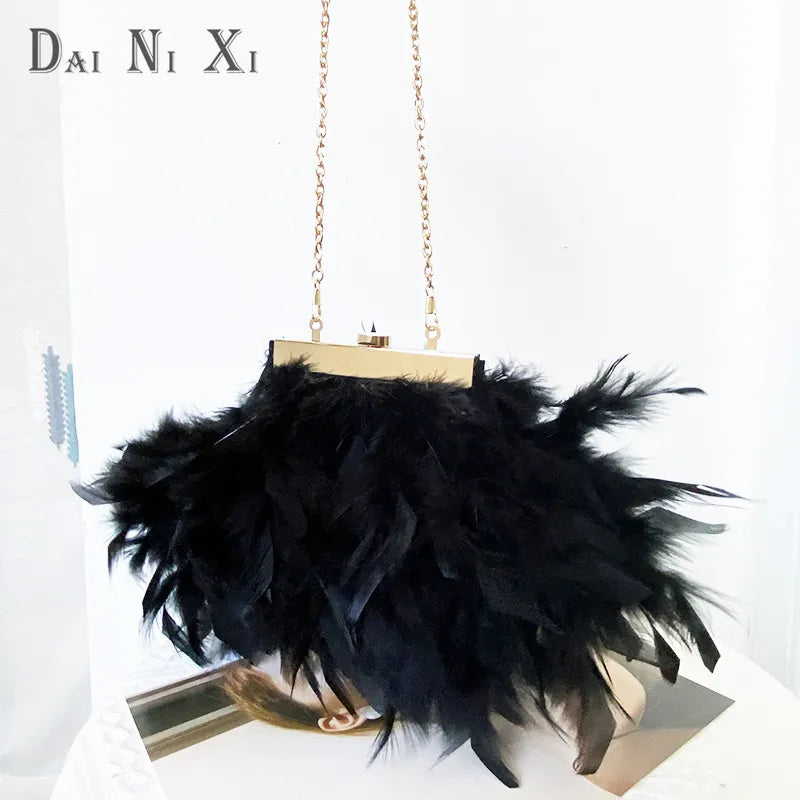 New Turkey Feather Crossbody Clutch Ostrich Feather Chain Evening Ladies Purse Shoulder Bag