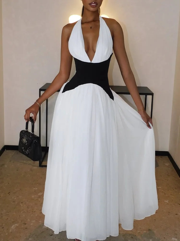 Elegant Contrasting Woman Long Dresses New Summer Sexy V Neck High Waist A-line Midi Vestidos Lady Evening Sleeveless Club Robes