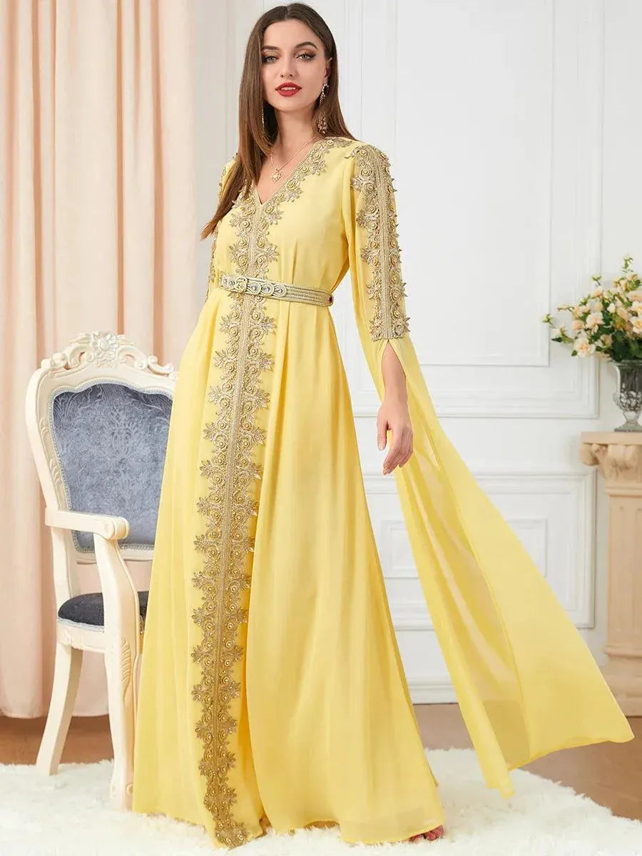 Party Women Arabic Dress Extra Long Sleeves Moroccan Kaftan Embroidery Appliques Dubai Evening Banquet Gown Muslim Robe Ramadan