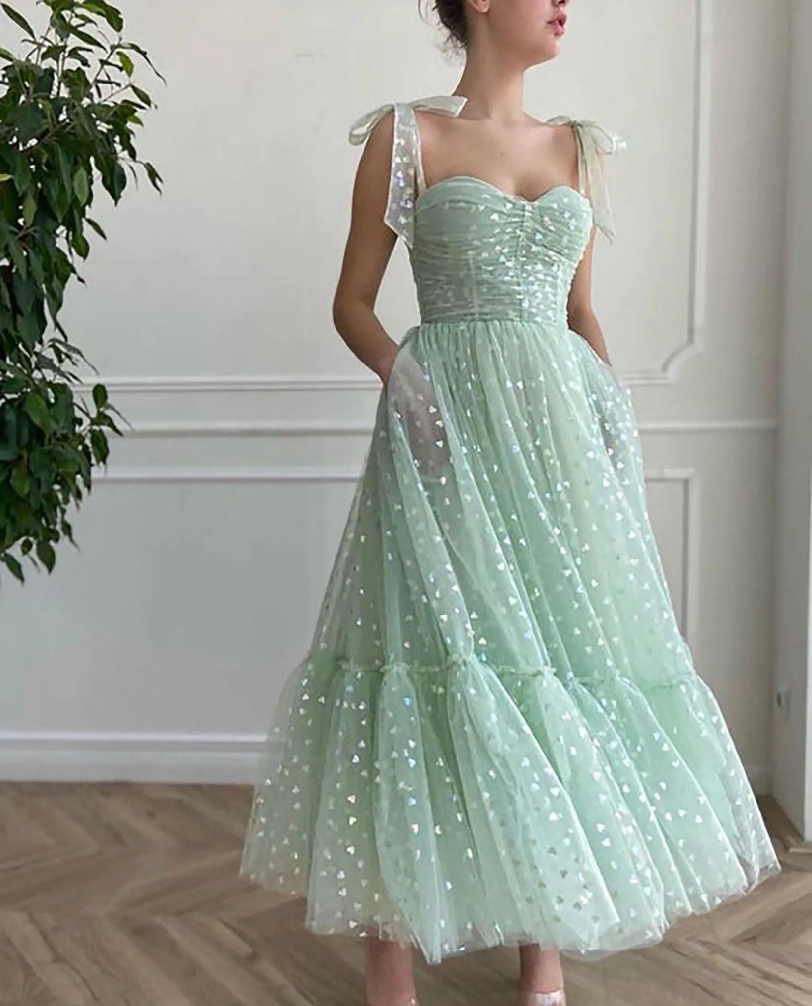 Mint A-line Fairy Glitter Tulle Ankle Length Cocktail Dress Sweetheart Bow Straps Birthday Gown with Pockets