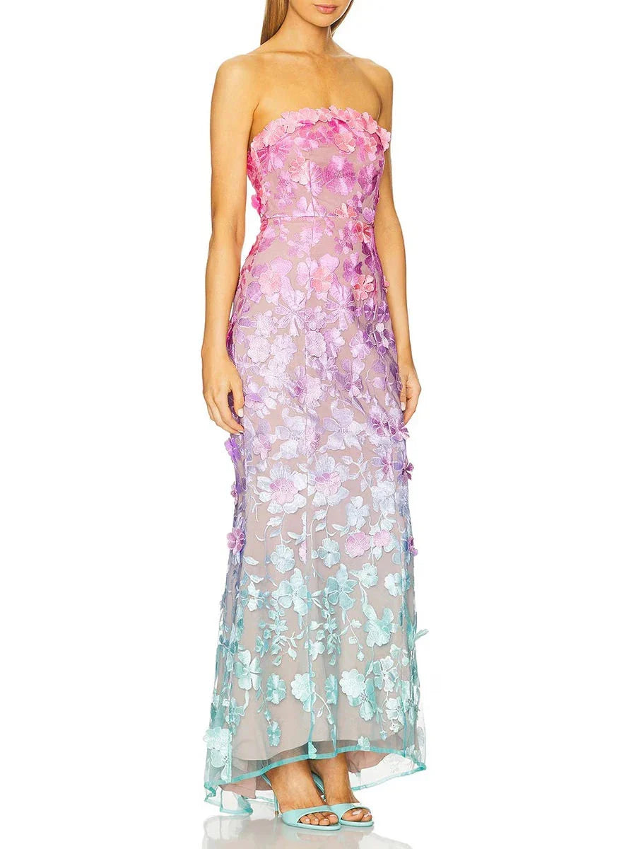 Colorblock Spliced Appliques Elegant Dresses for Women Strapless Sleeveless Gradient Dress Female Fashion Clothing