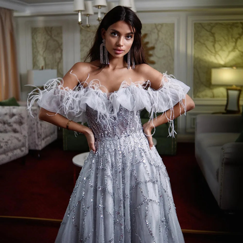 Luxe Dubai plume argent robes de soirée élégant longue or lilas femmes robe de soirée formelle pour les invités de mariage 