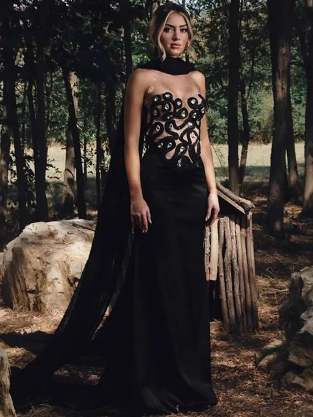 2025 Elegant Women's Light Luxury Nail Bead Patchwork Bandage Dress+Scarf Strapless Sleeveless Bodycon Long Dress Party Vestidos