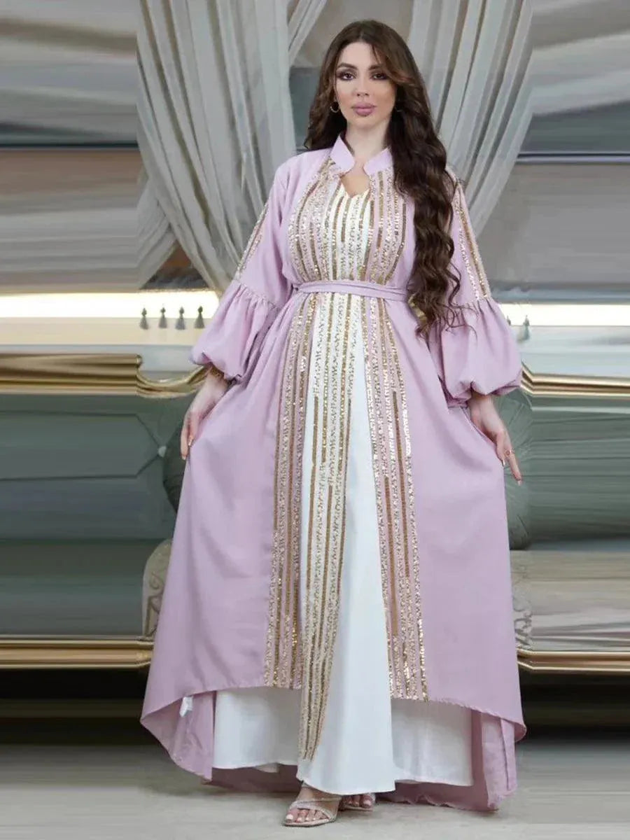 Fashion Arab Muslim Party Long Dress Abaya Female 2 Piece Set Belt Sequins Puff Sleeve Maxi Moroccan Women Clothing Pink Dress