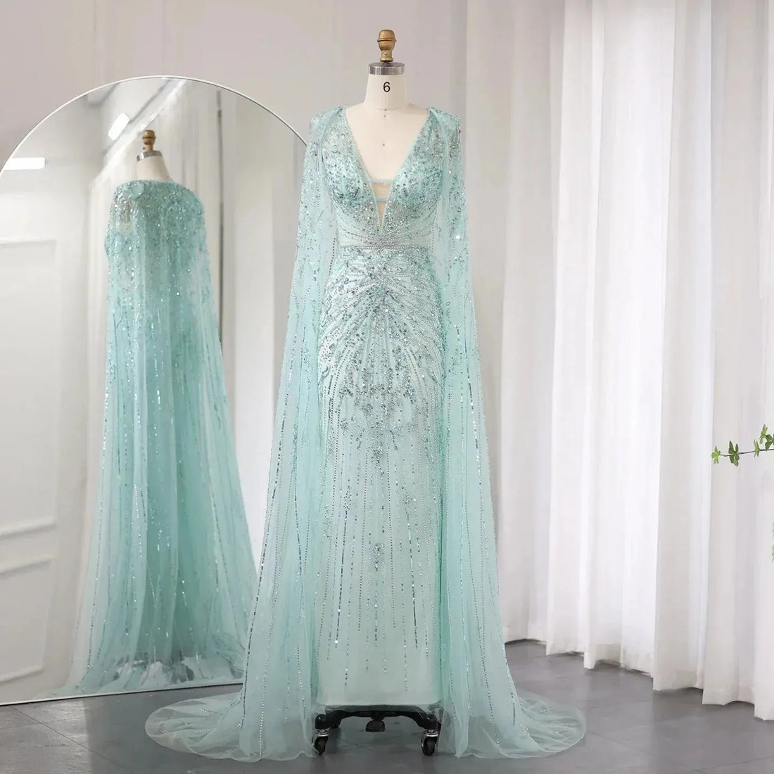 Luxury Dubai Turquoise Mermaid Evening Dresses with Cape V-Neck Arabic Silver Grey Wedding Formal Party Gowns Turquoise Evening Dress
