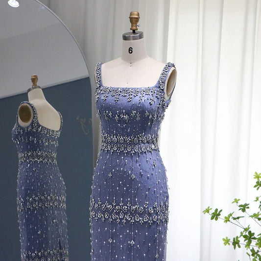 Vestidos de noche de lujo con plumas de cristal de Dubái para mujer, elegantes vestidos de fiesta formales árabes midi de encaje azul para boda 