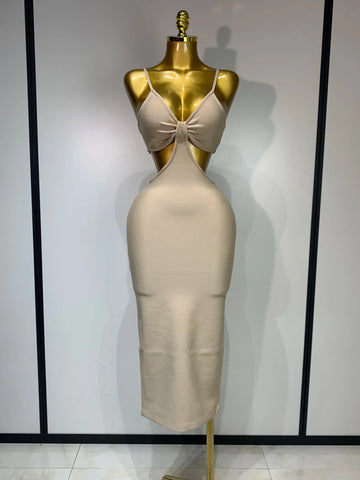 Women Sexy V Neck Backless Khaki Bodycon Bandage Dress 2025 Celebrity Elegant Evening Club Party Luxury Birthday Dress