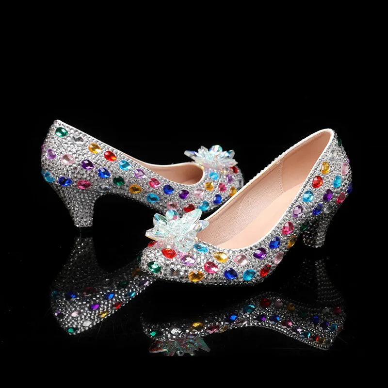 Luxury Colorful Rhinestones Wedding Women Pumps Fashion Round toe Crystal Flowers Bridal Party High heels Elegant Banquet Shoes