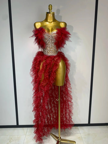 Women Sexy Strapless Mesh two Pieces Set Bodycon Long Dress High Split Nightclub Party Luxury Birthday  Singer Stage Outfit