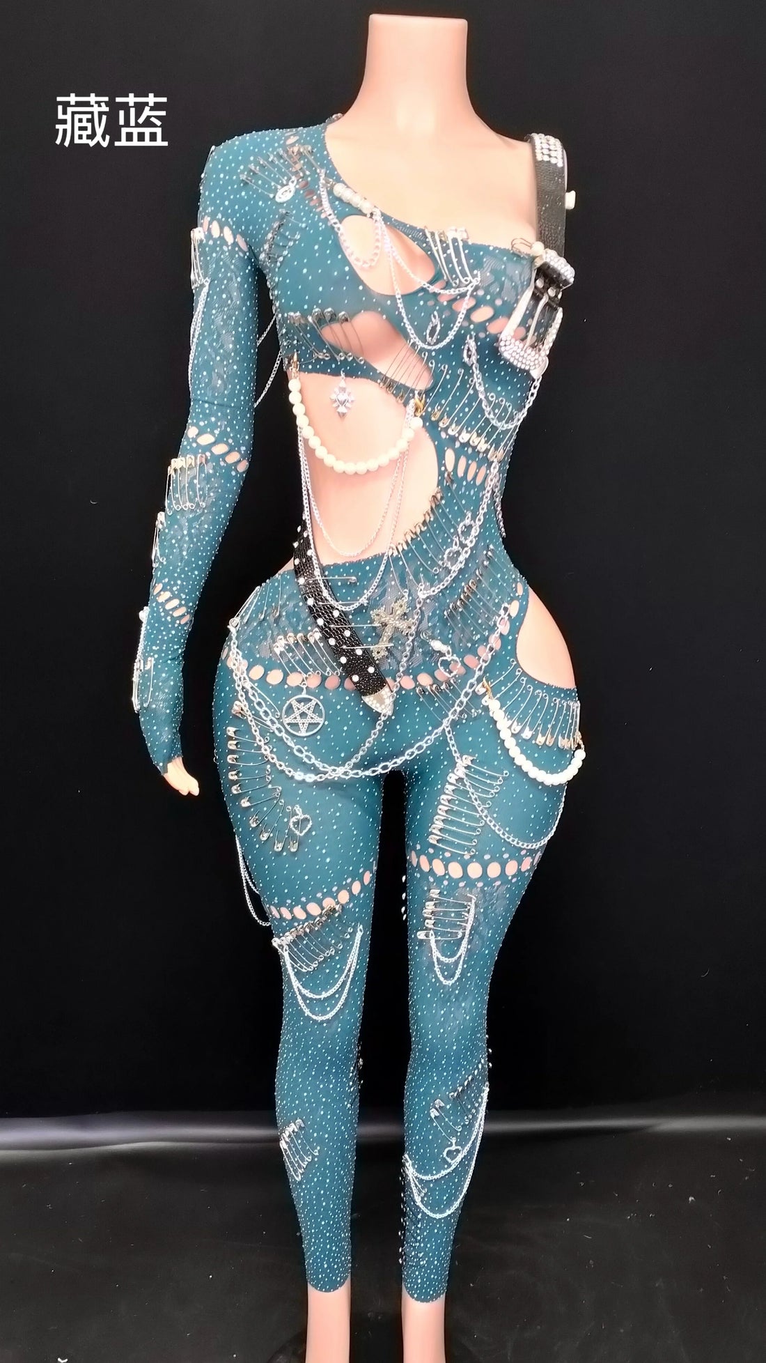 Sexy Shining Pearl Chain One Shoulder Hollow Out Jumpsuit  New Women Birthday Party Nightclub Singer Performance Stage Wear