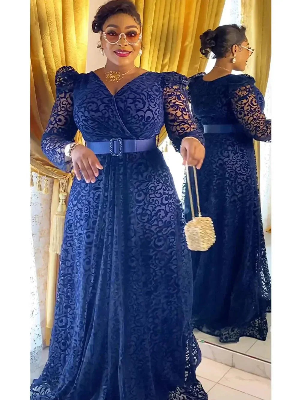 Plus Size African Party Dresses for Women New Fashion Dashiki Ankara Lace Wedding Gowns Elegant Turkey Muslim Maxi Dress Navy Blue