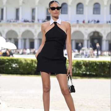 2023 New summer Fashion Design Turn Down Collar Sleeveless Black Mini Dress  Woman Rayon Bandage Dress Evening Party Outfit