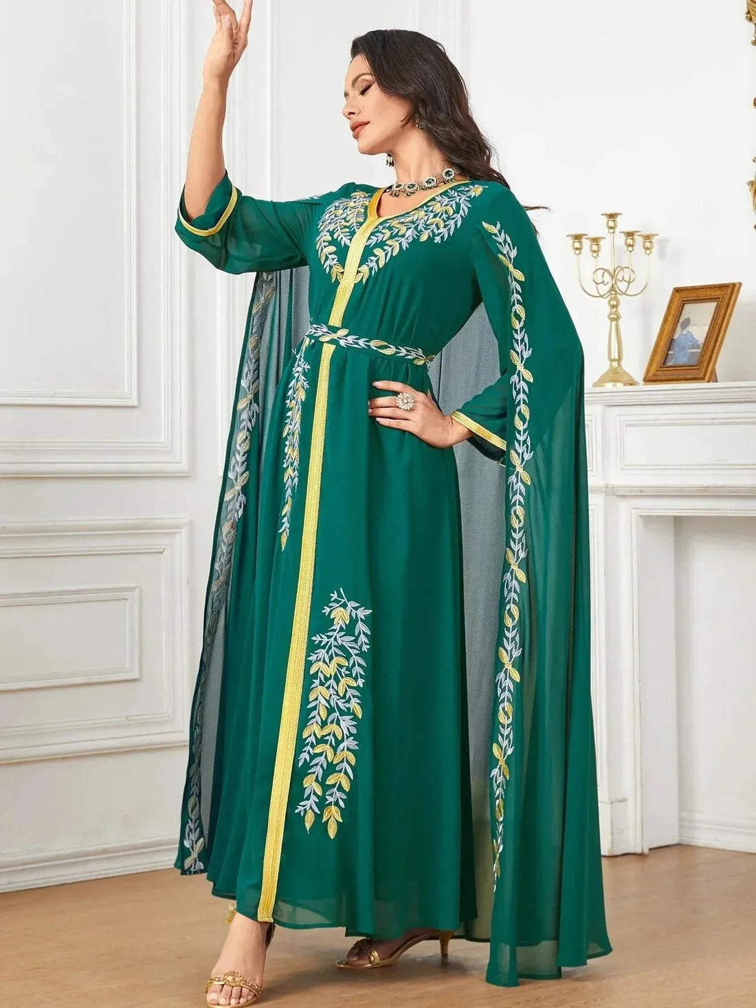 Eid Embroidery Party Dress for Muslim Jalabiya Abaya with Cloak Ramadan Long Dresses Abayas Robe Caftan Vestidos Largos Green