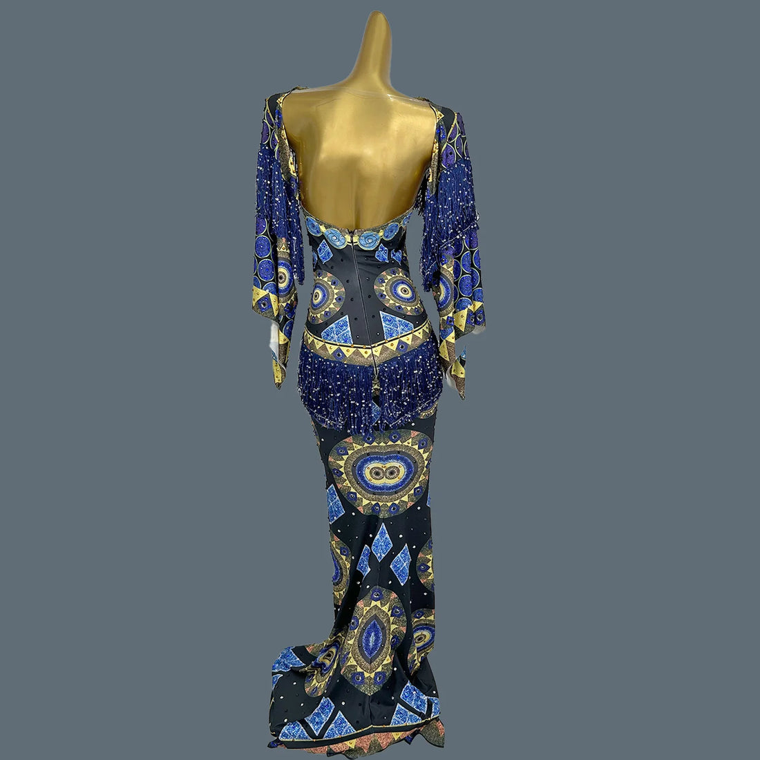 Spandex Bodycon Evening Gown Printing Tassel Long Dress Birthday Celebrate Party Queen Outfit Festival Event Couture Chengbao