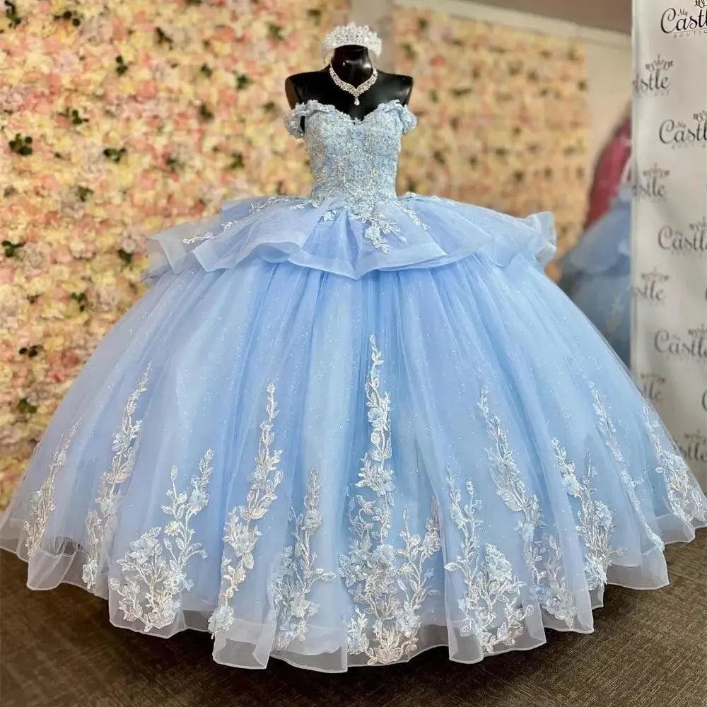 Quince Dress | Glittering Light Blue Quinceanera Dress Ruffles Off The Shoulder Sweetheart Robes De Soirée Vestidos De 15 Anos light blue