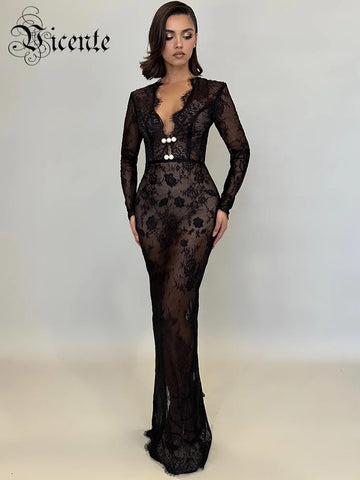 VC Black Long Dresses For Women Sexy V Neck Long Sleeve Lace Evening Maxi Gown Fashion Summer Dresses 2024