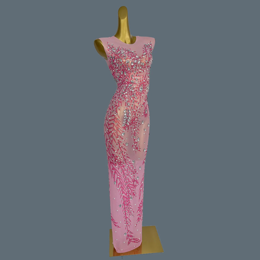 Women Luxury Sheer Mesh Pink Prom Dress Glitter Diamonds Long Evening Dress Birthday Party High-end Gown Banquet Robe Fenzhu