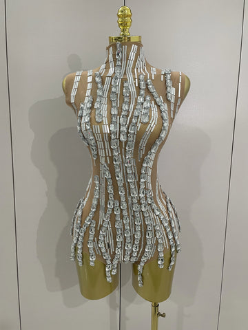 Sparkly Rhinestone Chain Sexy Transparent Sleeveless Bodysuit 2025Women Party Nightclub Team Performance Costume Show Stage Wear
