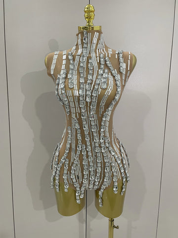 Sparkly Rhinestone Chain Sexy Transparent Sleeveless Bodysuit Women Party Nightclub Team Performance Costume Show Stage Wear