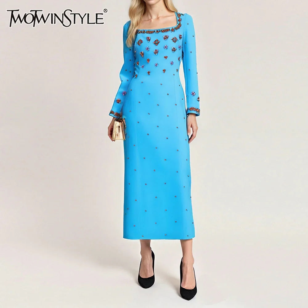 TWOTWINSTYLE Solid Slimming Spliced Bead Luxurious Dresses for Women Square Neck Long Sleeves Temperament Dress Female Clothing