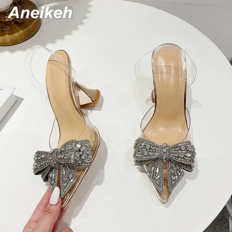 Aneikeh Summer Women Fashion Shoe Sexy High Heel Ankle Slingbacks Buckle Strap Pointed Toe Butterfly-Knot Decoration Pumps