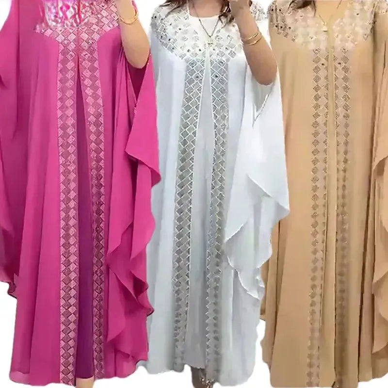 dress African Dresses For Women Chiffon Boubou Ankara Dashiki 2 PCS Set Outfits Dubai Kaftan Abaya Robe Marocaine Femme Green One Size
