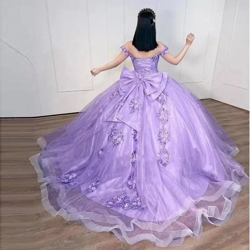 Quince Dress | Lilac Ball Gown Quinceanera Dresses Big Bow 3D Flower Appliques Cinderella 16 Princess Gowns Vestidos De 15 Anos