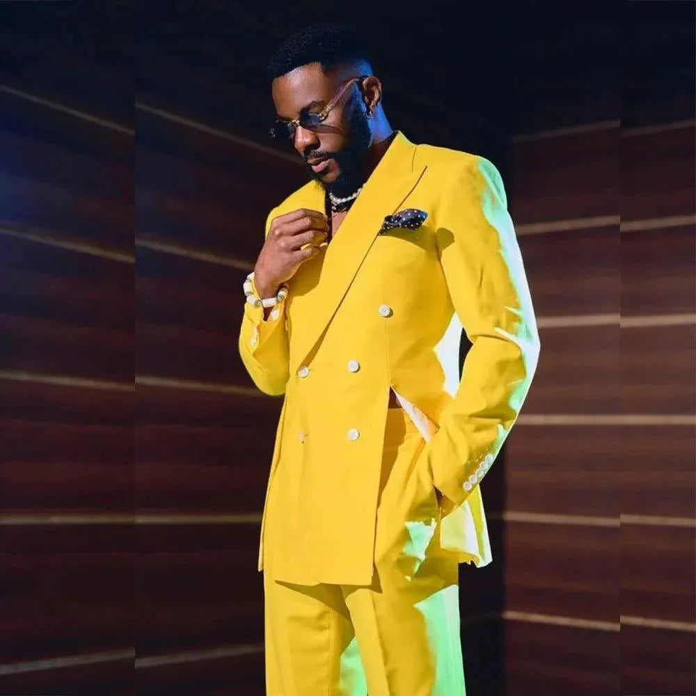 Fashion Yellow Men's Suits Special Style Double Breasted Peaked Lapel Luxury Blazer 2 Piece Jacket Pants Chic Blazer Customized As Picture