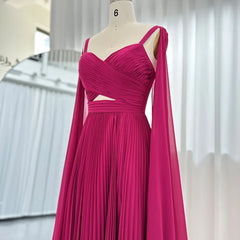 Fuchsia Chiffon Dubai Evening Dresses with Cape Sleeves Elegant Yellow Women Wedding Party Formal Gowns