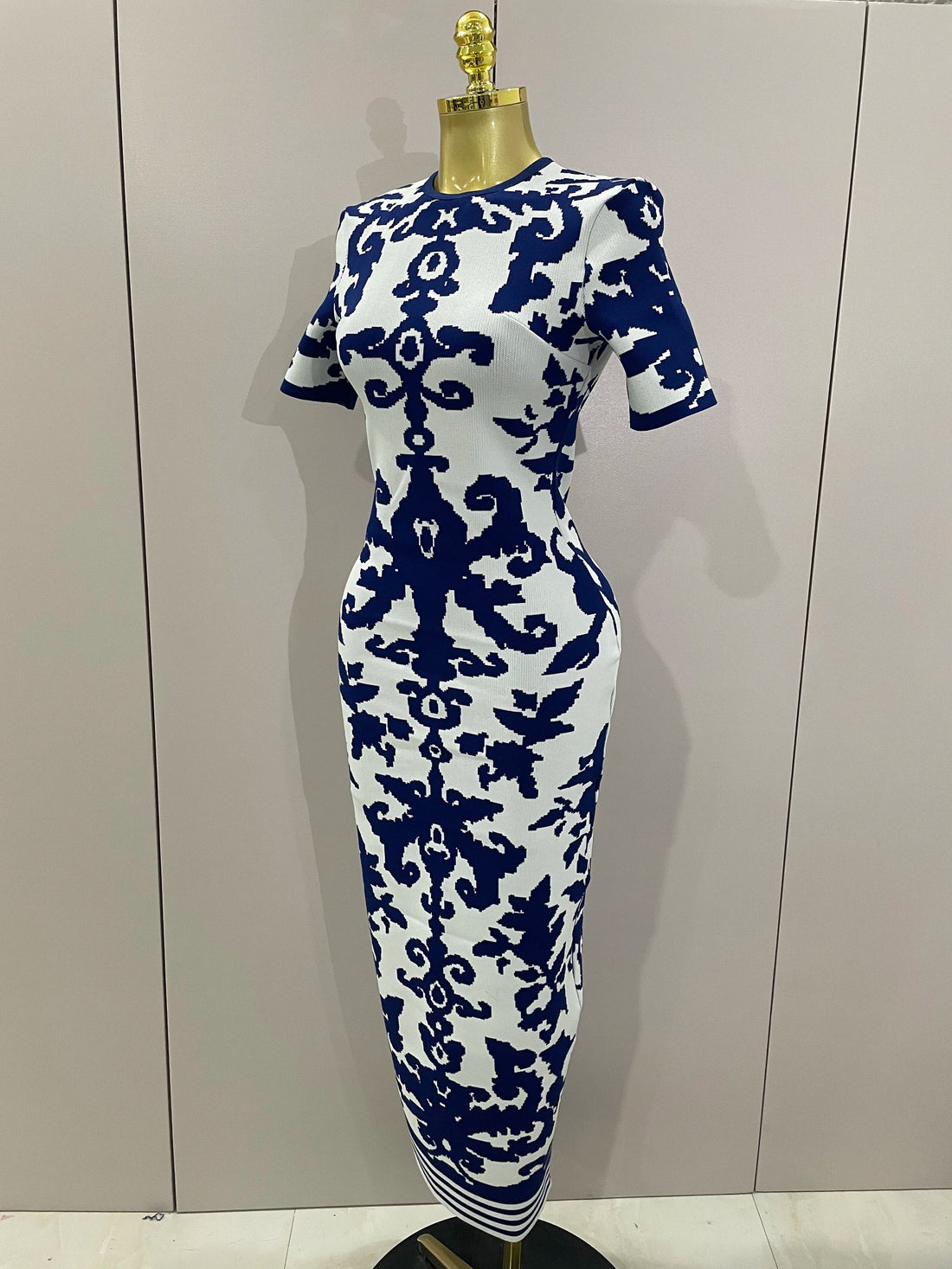 New Sexy Short Sleeve Jacquard Blue Bandage Bodycon Long Dress Women Celebrity Elegant Evening Club Party Luxury Dresses