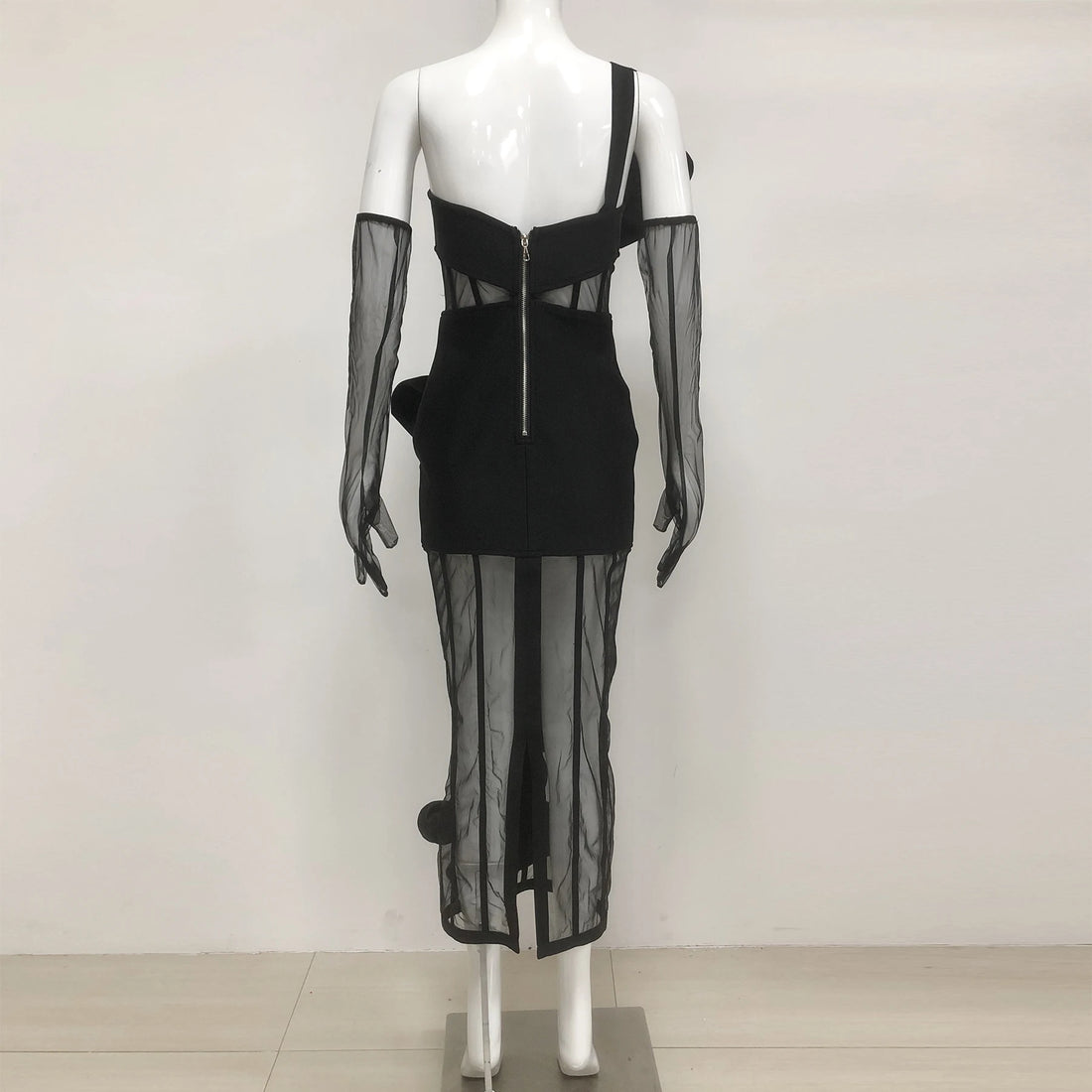 Women Sexy One Shoulder Florals Mesh See Through Bodycon Long Bandage Dress Celebrate Nightclub Party Outfit