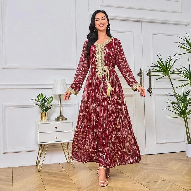 Abaya For Women V-neck Applique Muslim Women Robe Dubai Long Dress For Prom Slim Fit Bottom Fabric Gold Stamping High End Robe