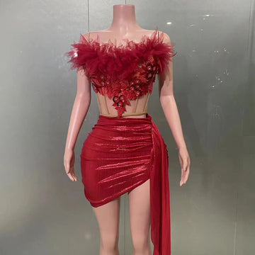 Christmas Style Women Sexy 2 Pieces Beading Draped Bodycon Mini Dress Nightclub Party Celebrate Bar Singer Performance Costume