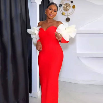 Black Red Color Women Sexy Off the Shoulder Long Sleeve Florals Bodycon Long Bandage Dress Celebrate Evening Party Outfit